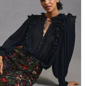 Anthropologie Accordion Pleated Ruffled Blouse Puff Sleeve Lace Romantic Top S M